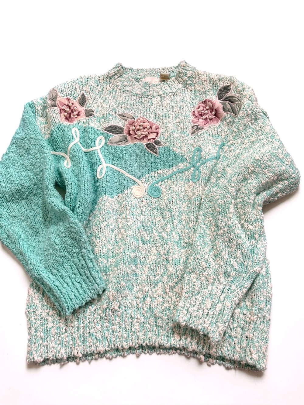 Vintage Needles & Yarn Aqua Floral Applique Sweater 90s Cottagecore Grandma M